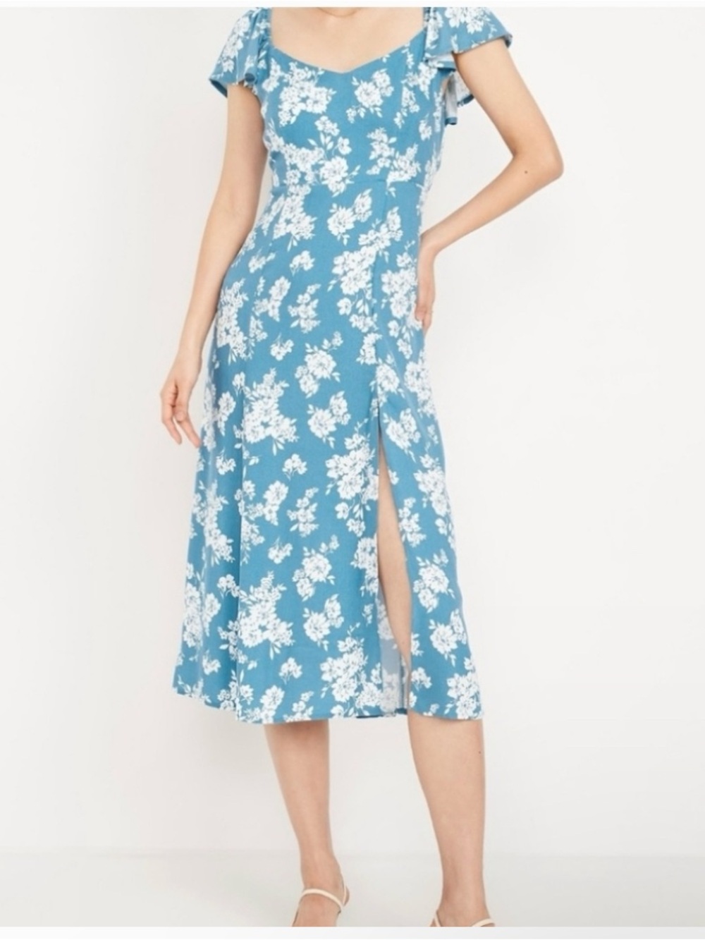 Old Navy Dress XL Midi Floral Blue Cottage Core Slit Off Shoulder Festive NEW